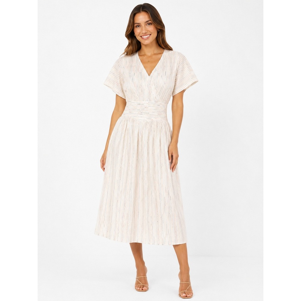 Dottie Womens Medium White Rainbow Metallic Striped V-Neck Smocked Midi Dress